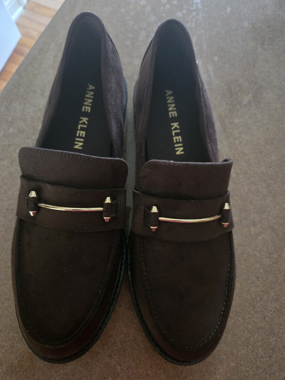 Anne Klein Dark Brown Suede Slip-On Loafers with Gold Accent